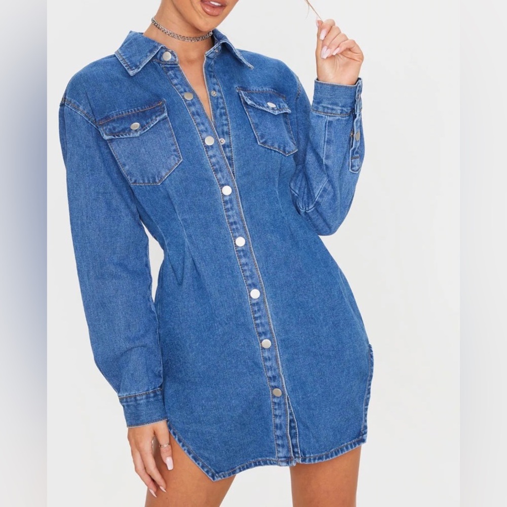 PrettyLittleThing Mid Wash Cinched Waist Long
Sleeve Denim Dress